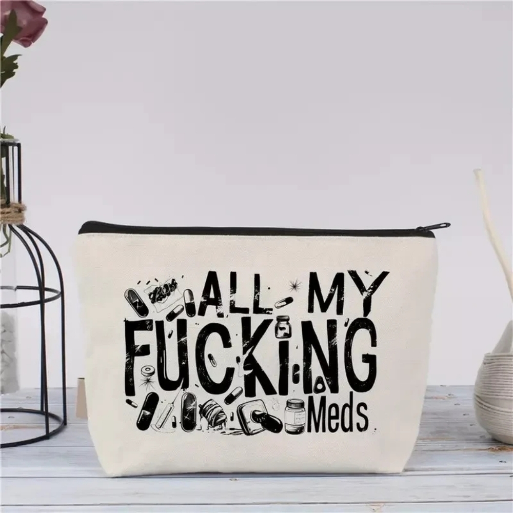All My Medication Canvas Pill Organizer Bag Makeup Cosmetic Pouch